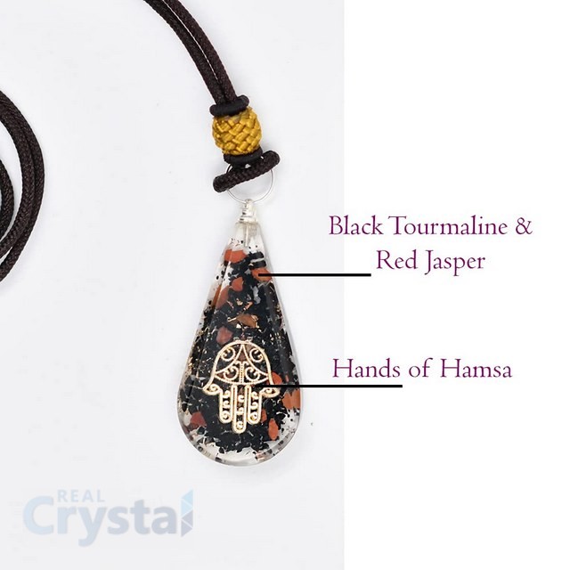 Black Tourmaline With Red Jasper Hands of Hamsa Orgonite Pendant